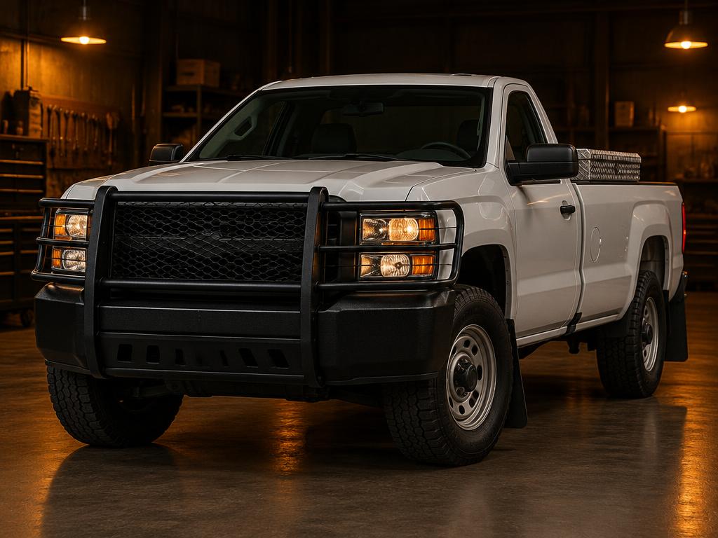Pickup truck with black grille guard and a bed-mounted tool box