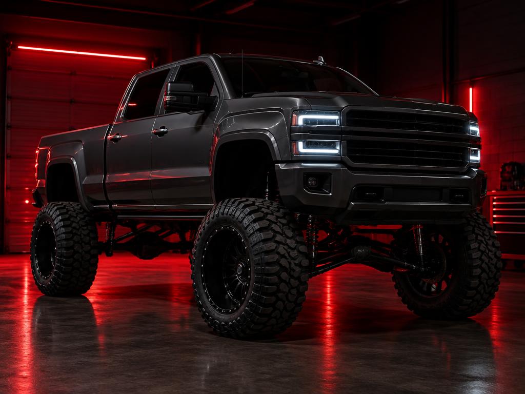 Lifted pickup truck with large off-road tires in a shop