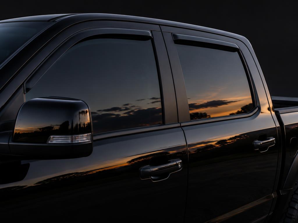 Dark tinted side windows on a black pickup truck at sunset